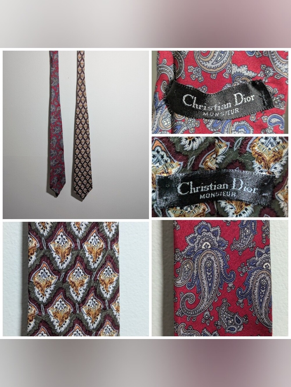 Lot Of 2 Vintage Christian Dior Monsieur Men's Red And Green Yellow Silk Ties